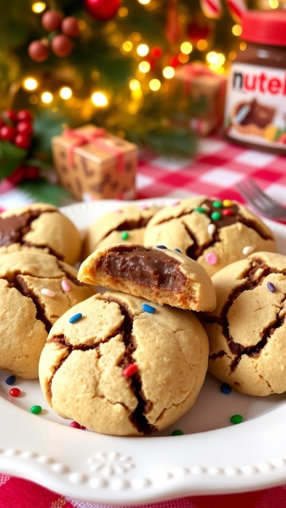 Nutella Stuffed Christmas Cookies A plate of Nutella stuffed cookies with sprinkles on a festive table.